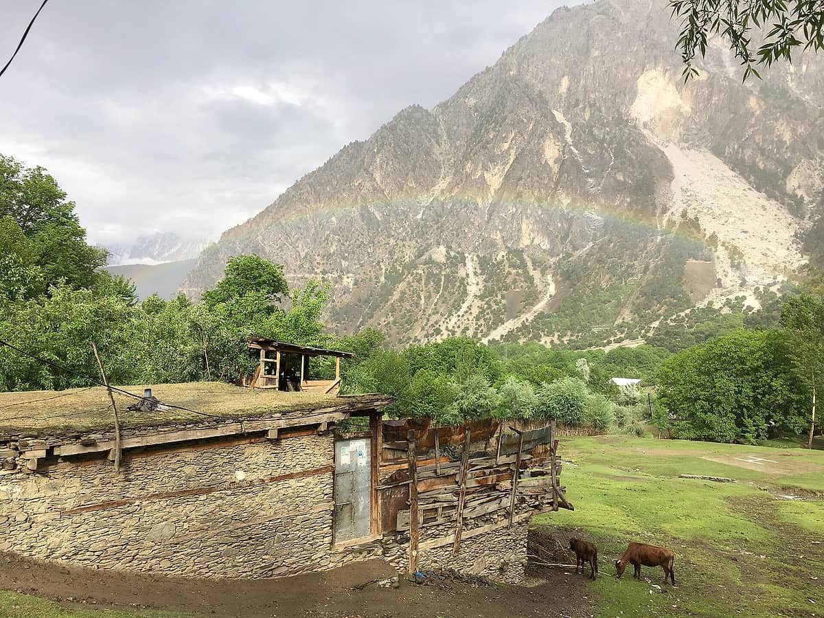 A stone and timber house with a flat earth roof in the Bumburet valley, cattle grazing beside it and a rainbow across the mountain behind