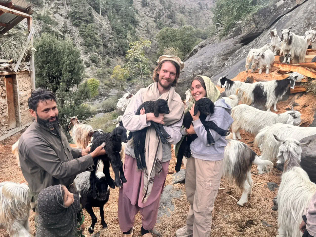 A local man and a child with the visiting Dutch couple, each holding a black newborn kid, among a herd of long-haired goats in the Sewketra valley of Waygal
