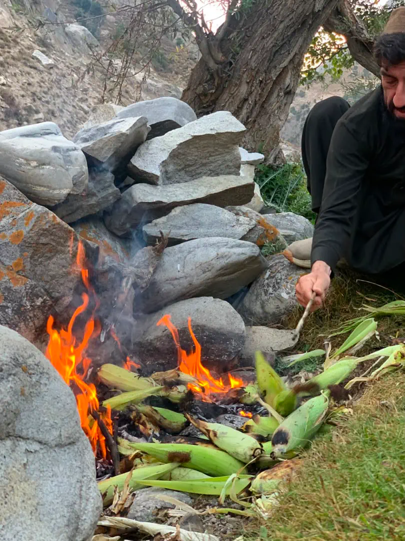A man crouched by an open fire against a pile of stones in Kantiwa, turning ears of sweetcorn in the flames