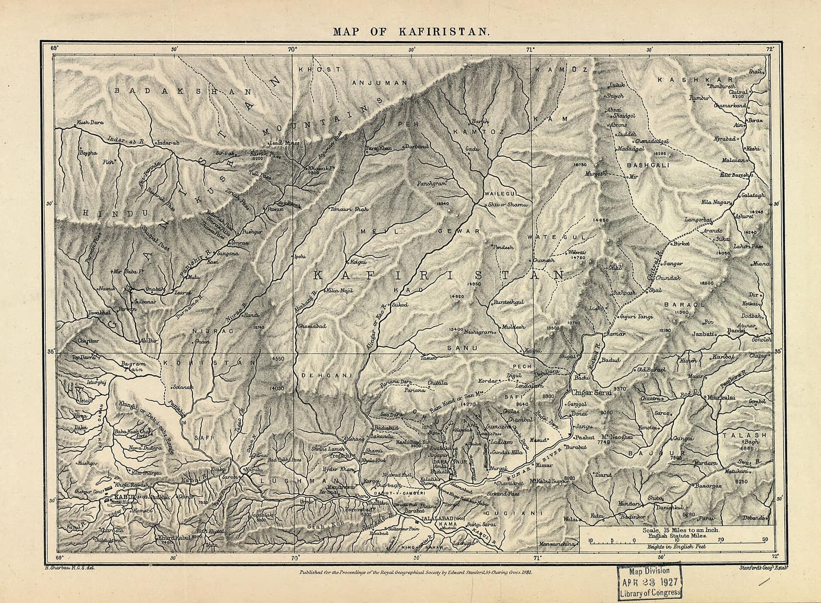 An 1881 engraved map titled Map of Kafiristan, showing the mountains and river valleys between Badakhshan, Chitral and the Kabul river in hachured relief