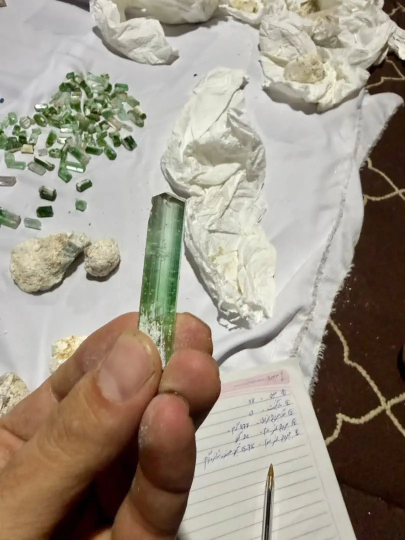 A finger-length green tourmaline crystal from the Mawi mine in Du Ab, Nuristan, held between finger and thumb, darker green at the tip and paler towards the base, with loose green crystals and a notebook of weights on the cloth behind