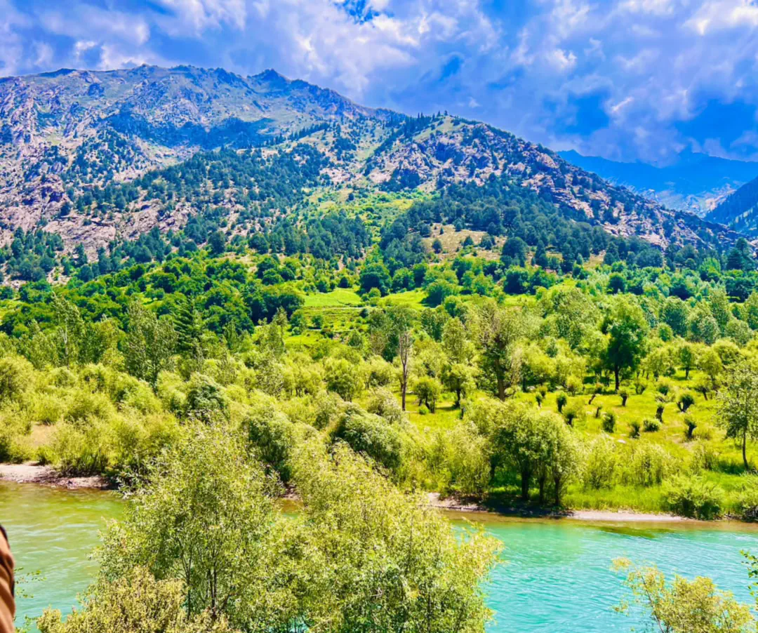 The turquoise Parun river beneath orchard trees and a bare, rocky mountain in Parun, Nuristan, the valley of the Parun pegmatite field