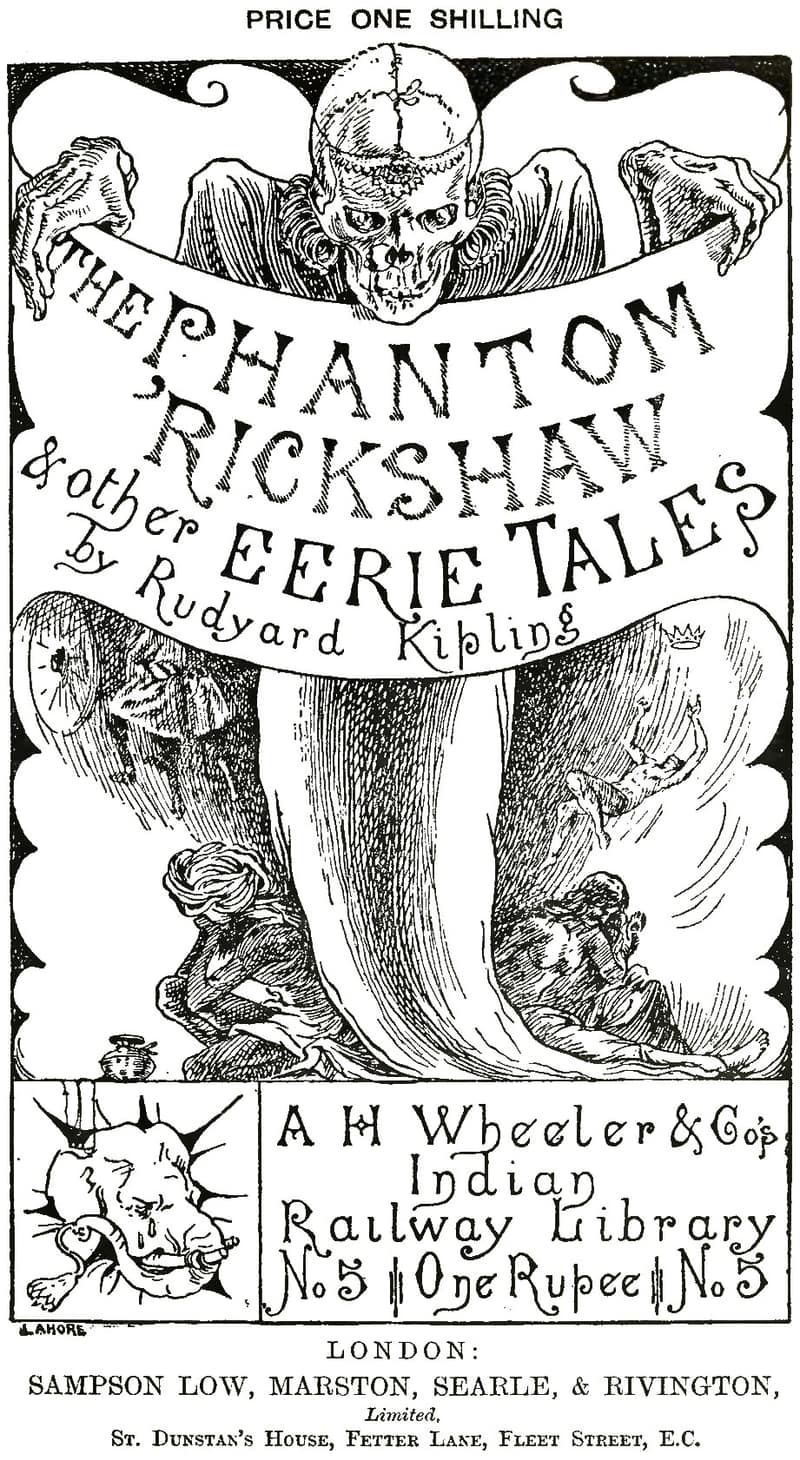 The illustrated paper cover of The Phantom Rickshaw and other Eerie Tales by Rudyard Kipling, number five in A. H. Wheeler's Indian Railway Library, with a skull at the top of the design